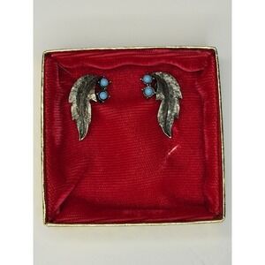 Silver Tone Leaf Earrings with Blue Stones in Original Box Globe Vintage